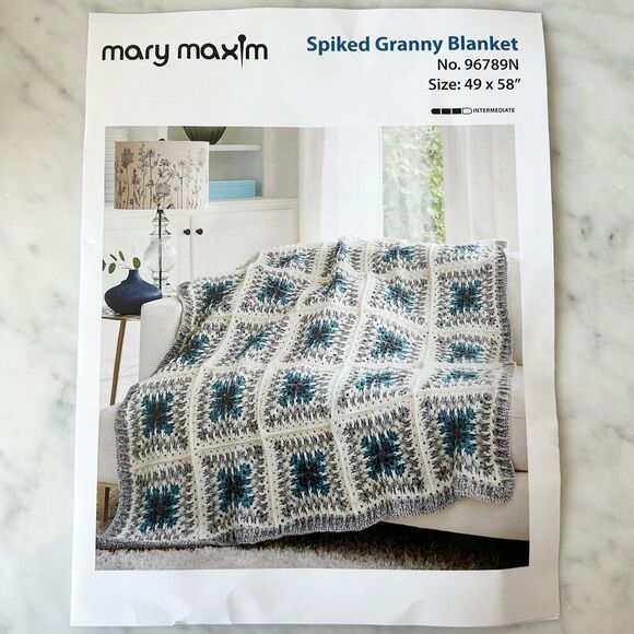 Mary Maxim Spiked Granny Blanket Crochet Kit - Grey Teal Natural Yarn 49 x 58 - Picture 2 of 4